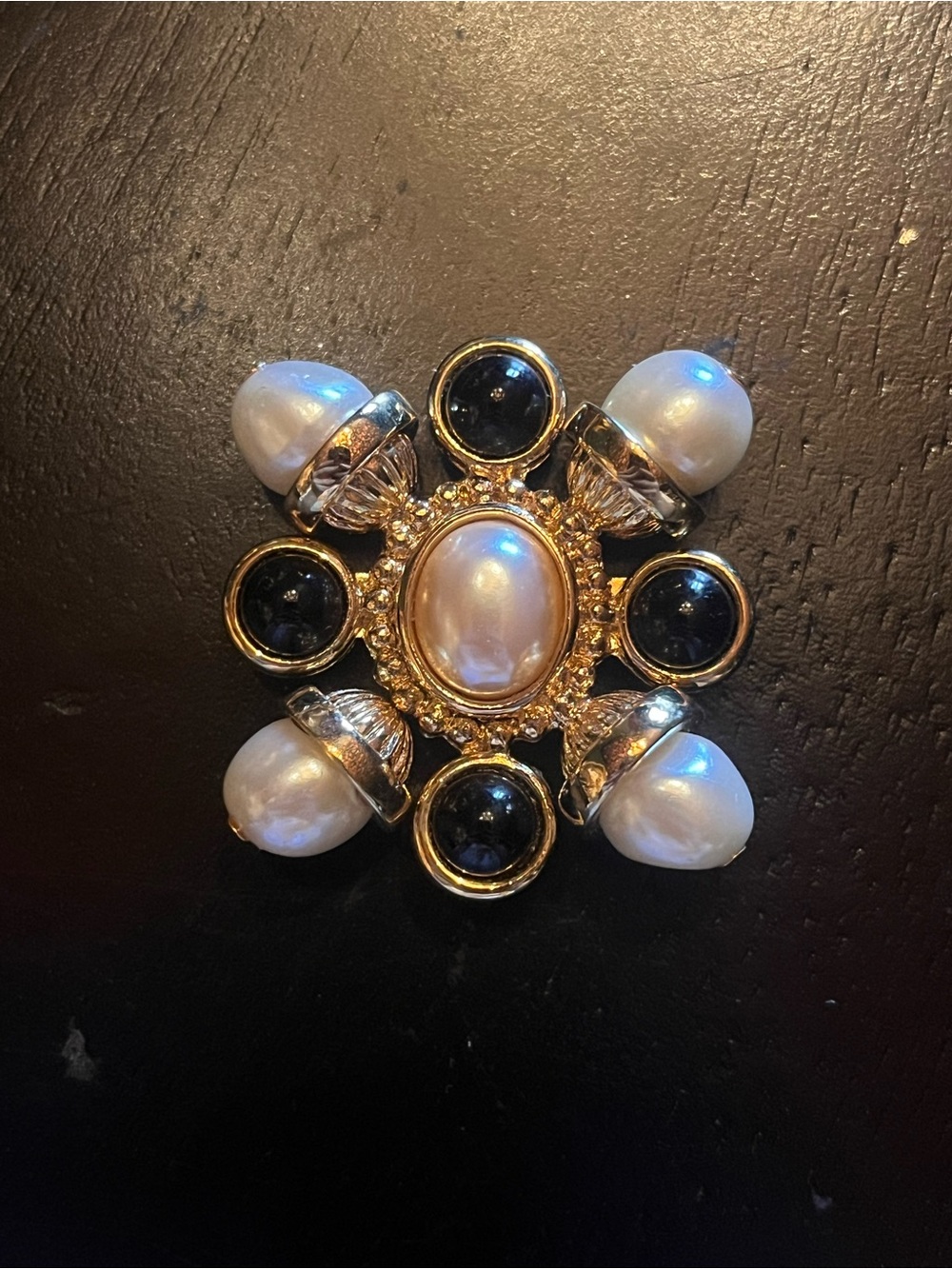 Vintage St. John Gold-Tone Pearl & Black Cabochon Starburst Brooch